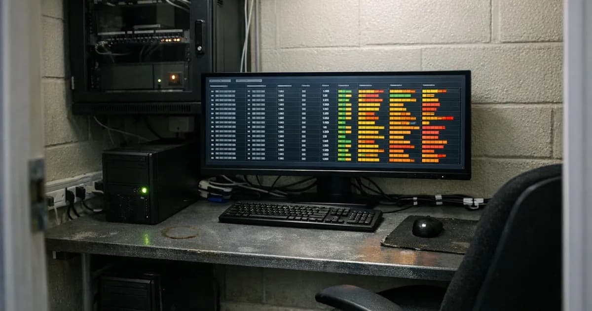 Computer monitor showing vulnerability scanning software interface in a small business IT office environment during a Cyber Essentials Plus assessment