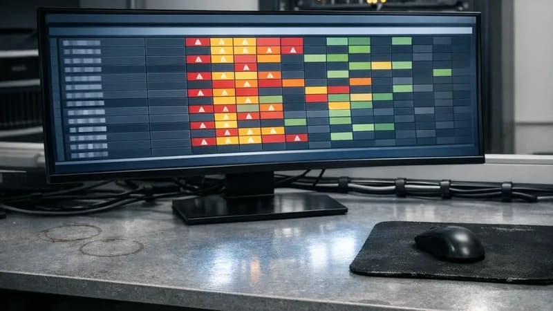 Computer monitor showing vulnerability scanning software interface in a small business IT office environment during a Cyber Essentials Plus assessment
