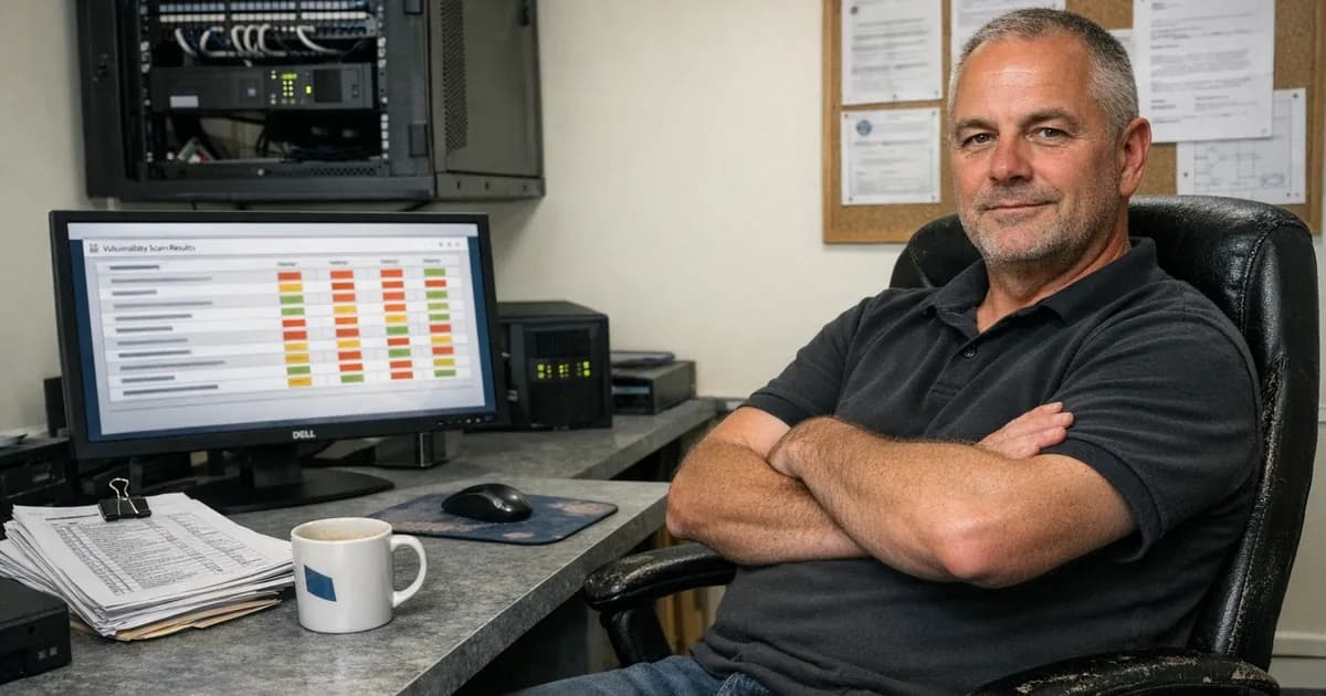 IT administrator at desk with vulnerability scan results displayed on monitor, network equipment visible in background office environment
