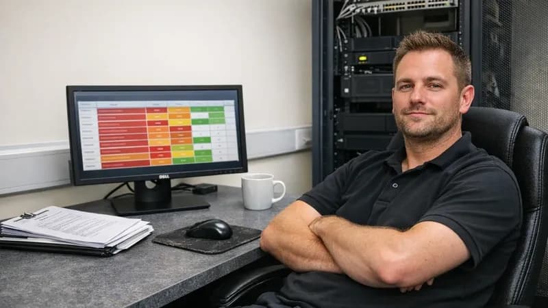 IT administrator at desk with vulnerability scan results displayed on monitor, network equipment visible in background office environment