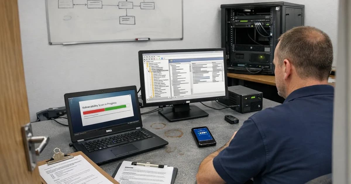 Cyber Essentials Plus assessor conducting technical testing on business workstation with vulnerability scanning tools and authentication verification