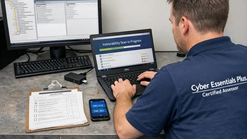 Cyber Essentials Plus assessor conducting technical testing on business workstation with vulnerability scanning tools and authentication verification