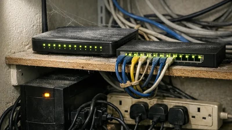 Computer screen showing a vulnerability scan report with green pass indicators alongside printed Cyber Essentials Plus assessment documents