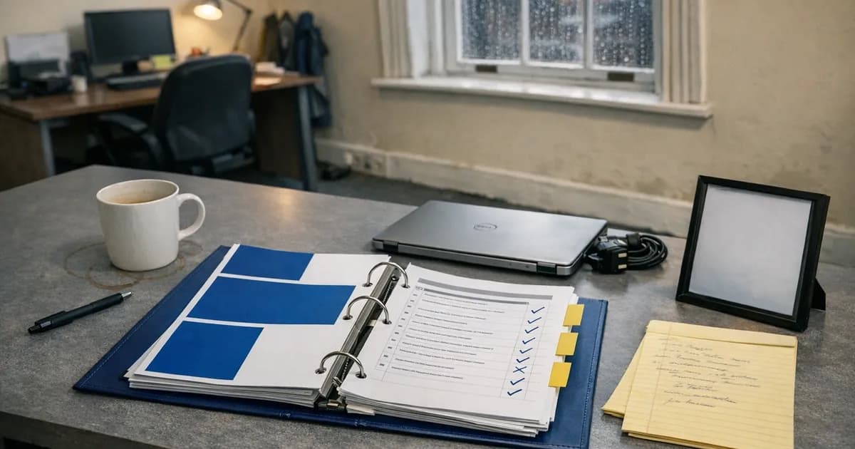 An operations director at a UK NHS supplier office reviewing a procurement cyber questionnaire on a desk beside an NHS contract bid pack, the firm's IT lead pointing to MFA enrolment data on a laptop screen, late-afternoon light through office windows.