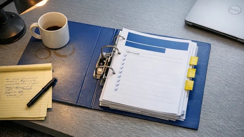 An operations director at a UK NHS supplier office reviewing a procurement cyber questionnaire on a desk beside an NHS contract bid pack, the firm's IT lead pointing to MFA enrolment data on a laptop screen, late-afternoon light through office windows.