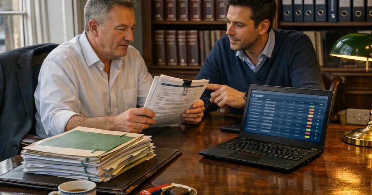 An audit partner in a UK accountancy firm office reviewing a corporate client's cyber security questionnaire on a desk beside a stack of client management accounts and tax computations, the firm's IT lead showing patch-cadence data on a laptop screen.