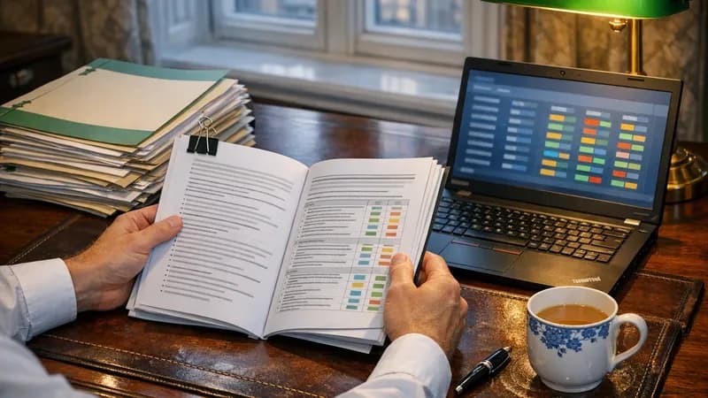 An audit partner in a UK accountancy firm office reviewing a corporate client's cyber security questionnaire on a desk beside a stack of client management accounts and tax computations, the firm's IT lead showing patch-cadence data on a laptop screen.