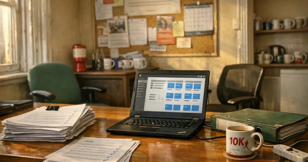 A charity operations manager in a UK third-sector office reviewing a funder cyber security questionnaire on a desk beside a stack of grant application papers, the charity's part-time IT lead pointing to an MFA enrolment dashboard on a laptop screen, late afternoon light through office windows.