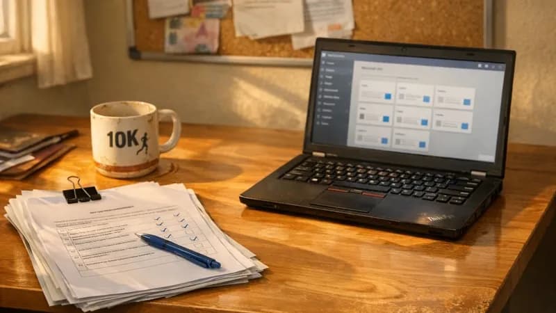 A charity operations manager in a UK third-sector office reviewing a funder cyber security questionnaire on a desk beside a stack of grant application papers, the charity's part-time IT lead pointing to an MFA enrolment dashboard on a laptop screen, late afternoon light through office windows.