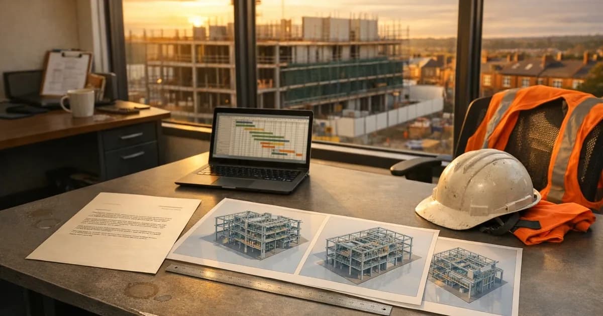 A construction project director in a UK head office reviewing a main-contractor cyber requirement letter on a desk beside printed BIM model views and a laptop showing project-management software, large windows behind looking onto an active construction site, late afternoon light.