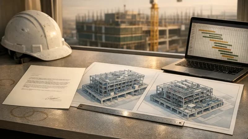 A construction project director in a UK head office reviewing a main-contractor cyber requirement letter on a desk beside printed BIM model views and a laptop showing project-management software, large windows behind looking onto an active construction site, late afternoon light.