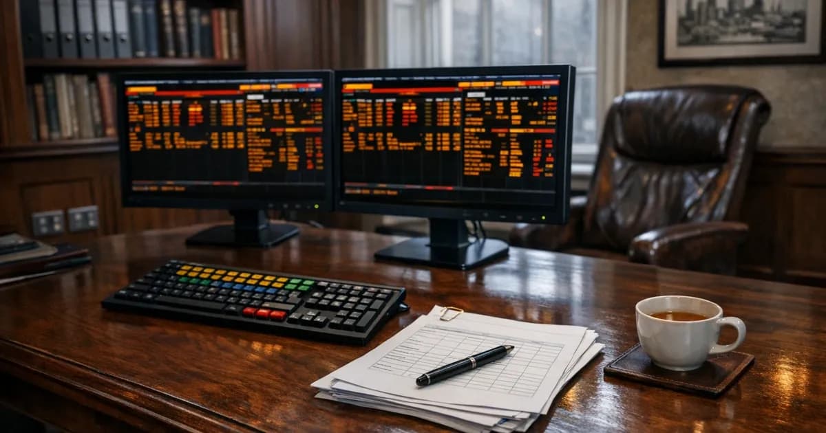 A COO of a London boutique investment firm at a desk reviewing an institutional-client cyber questionnaire, a Bloomberg terminal glowing in the background, the firm's IT lead pointing to a row of MFA enrolment data on a laptop screen.