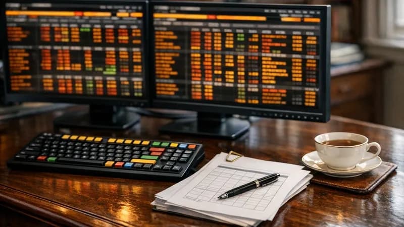 A COO of a London boutique investment firm at a desk reviewing an institutional-client cyber questionnaire, a Bloomberg terminal glowing in the background, the firm's IT lead pointing to a row of MFA enrolment data on a laptop screen.