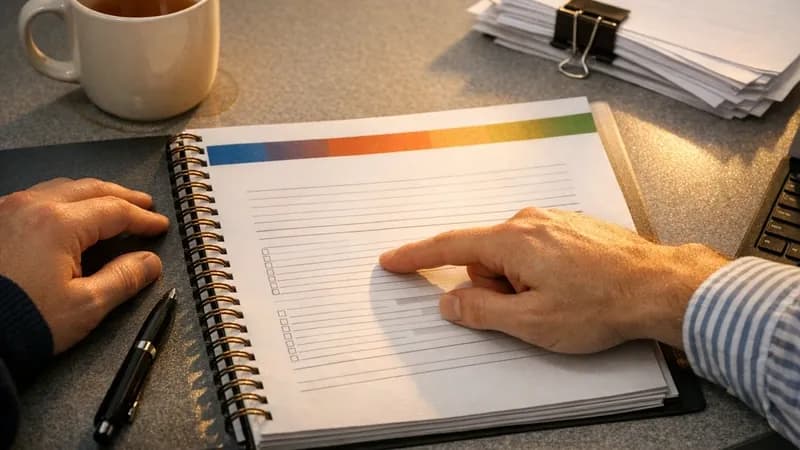 A bid manager and IT lead at a UK government contractor office reviewing a CCS framework procurement questionnaire on a desk beside a printed bid pack with OFFICIAL markings, late afternoon light through office windows.