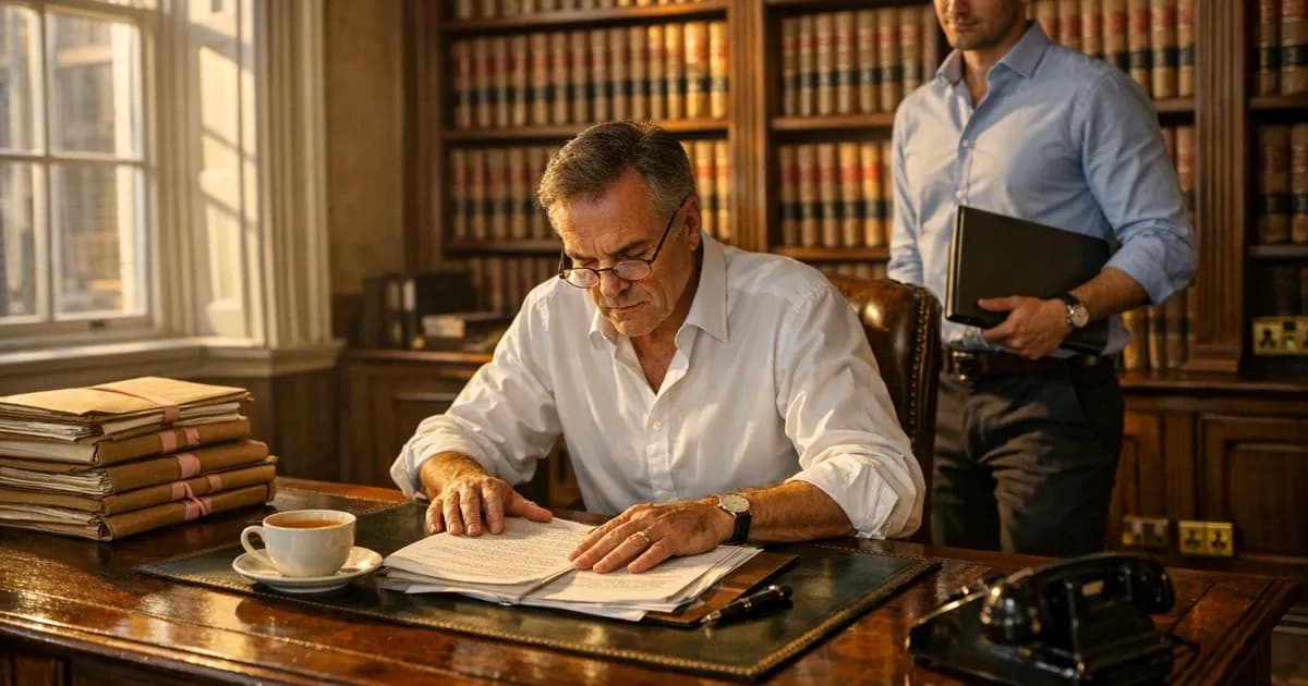 A managing partner in a UK law firm office reviewing a cyber security questionnaire on a desk beside a stack of client files, the firm's IT lead looking on with a laptop open, late afternoon light through tall sash windows.