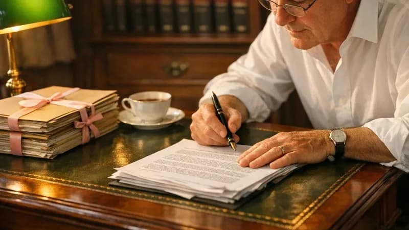 A managing partner in a UK law firm office reviewing a cyber security questionnaire on a desk beside a stack of client files, the firm's IT lead looking on with a laptop open, late afternoon light through tall sash windows.