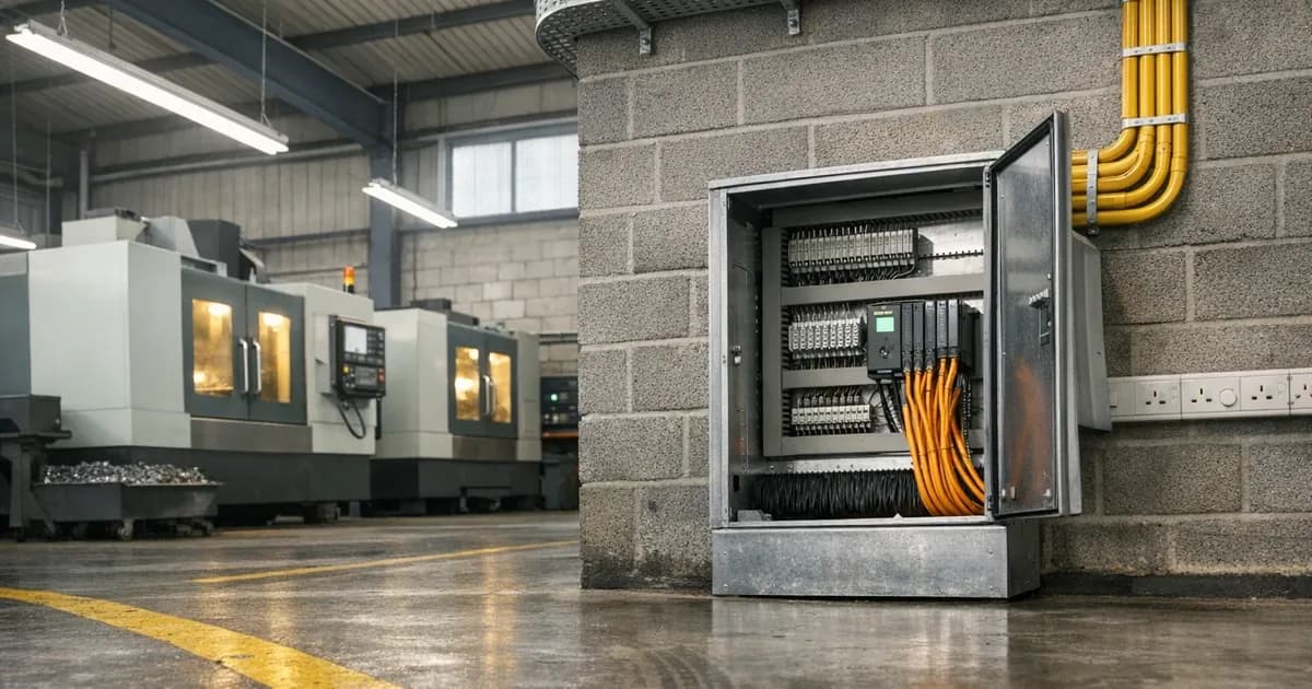 An operations director and IT lead in a UK manufacturing facility office reviewing a tier-1 customer cyber audit questionnaire on a desk, the production floor visible through a glass partition behind them with PLC cabinets and network gear in view.