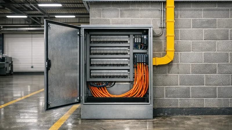An operations director and IT lead in a UK manufacturing facility office reviewing a tier-1 customer cyber audit questionnaire on a desk, the production floor visible through a glass partition behind them with PLC cabinets and network gear in view.