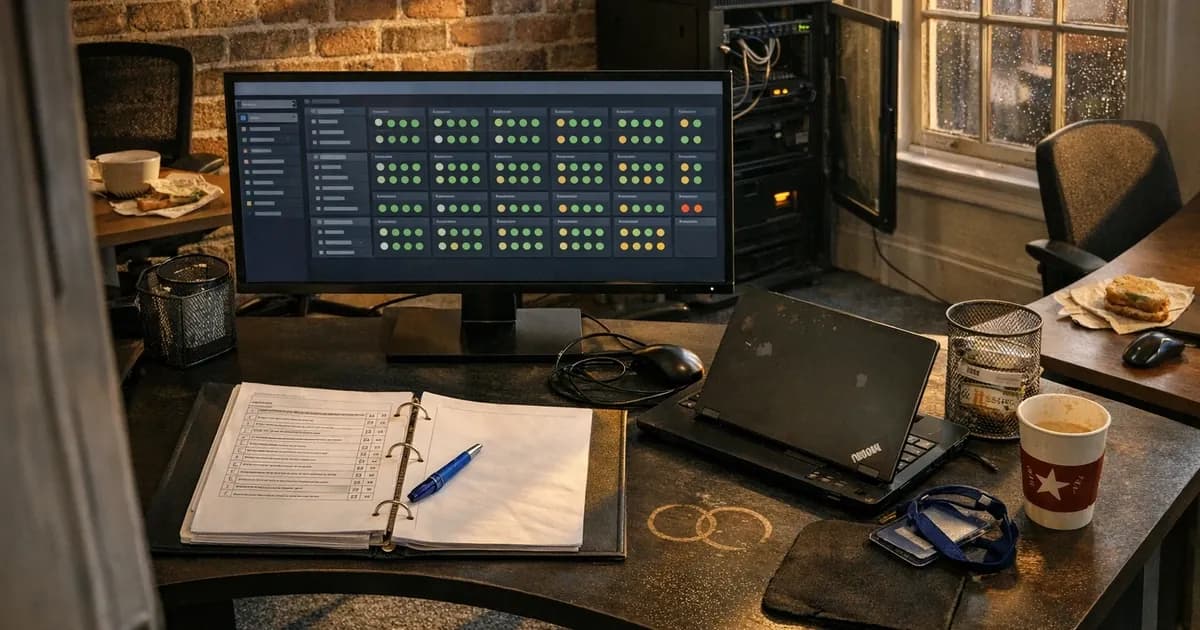 An MSP managing director and head of operations at a UK MSP office reviewing a customer cyber due-diligence questionnaire on a desk beside a laptop showing the RMM dashboard with privileged-account audit data, late afternoon light through office windows.