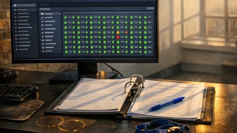 An MSP managing director and head of operations at a UK MSP office reviewing a customer cyber due-diligence questionnaire on a desk beside a laptop showing the RMM dashboard with privileged-account audit data, late afternoon light through office windows.