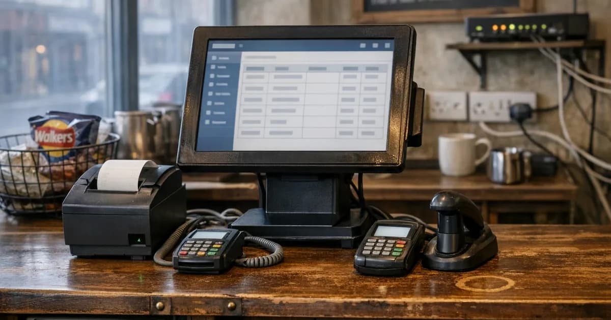 An operations director and IT lead at a UK retail head office reviewing a B2B supplier-portal cyber questionnaire on a desk beside an EPOS configuration printout, large windows behind looking onto a city retail street, late afternoon light.