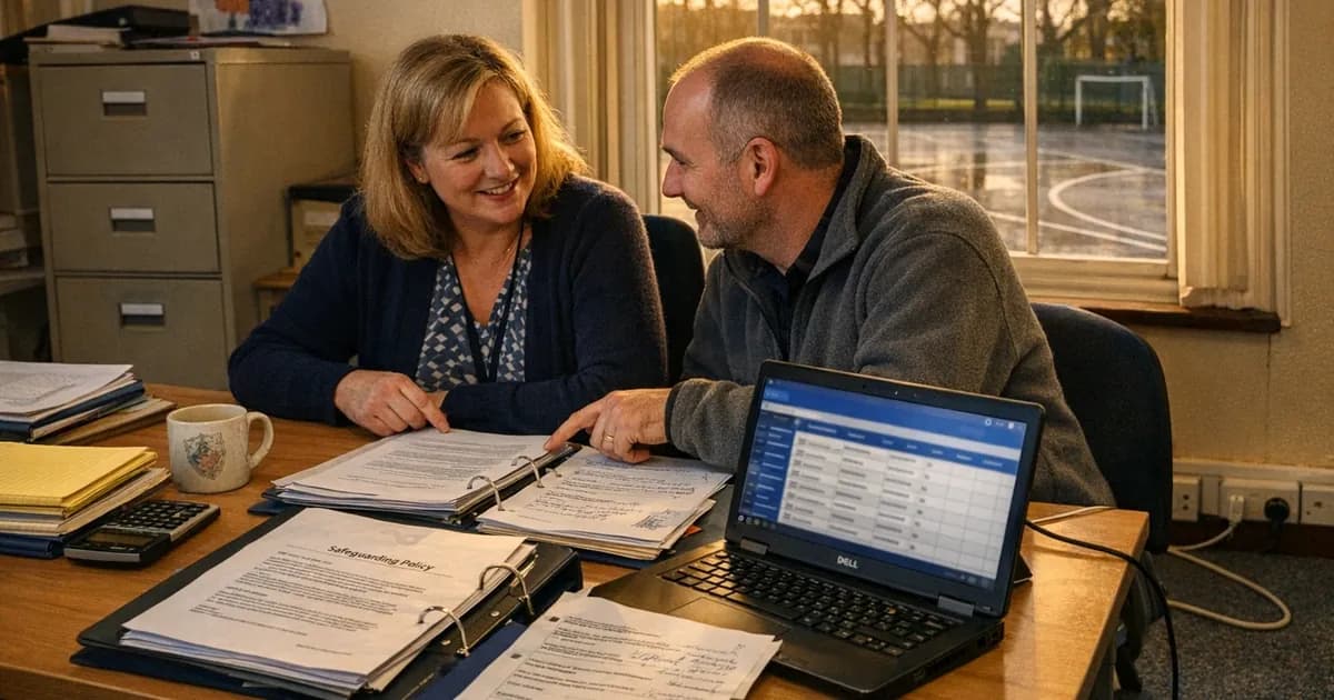 A school business manager and ICT lead in a UK secondary school office reviewing a cyber security questionnaire on a desk beside a printed safeguarding policy and a laptop showing MIS pupil data, late afternoon light through office windows looking onto an empty playground.