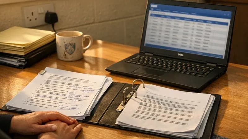 A school business manager and ICT lead in a UK secondary school office reviewing a cyber security questionnaire on a desk beside a printed safeguarding policy and a laptop showing MIS pupil data, late afternoon light through office windows looking onto an empty playground.