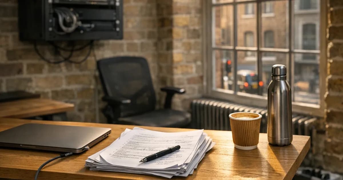 A CTO and head of security at a UK SaaS company office reviewing a B2B customer cyber due-diligence questionnaire on a desk beside a laptop showing developer pipelines and MFA enrolment data, late afternoon light through office windows looking onto a tech-cluster street.