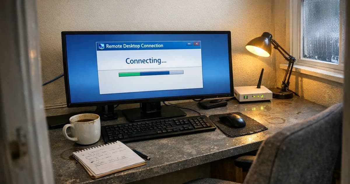 Home office desk with monitor showing remote desktop connection dialog, representing remote Cyber Essentials Plus assessment setup
