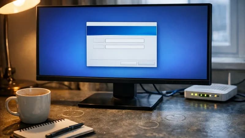 Home office desk with monitor showing remote desktop connection dialog, representing remote Cyber Essentials Plus assessment setup