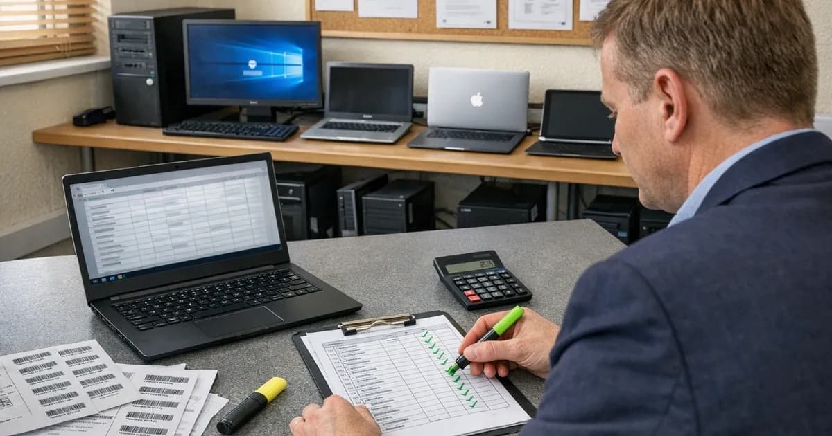 IT assessor at desk reviewing device inventory spreadsheet with various computers and laptops arranged for Cyber Essentials Plus sampling assessment