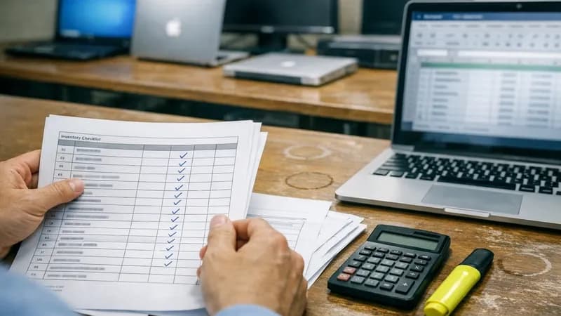 IT assessor at desk reviewing device inventory spreadsheet with various computers and laptops arranged for Cyber Essentials Plus sampling assessment
