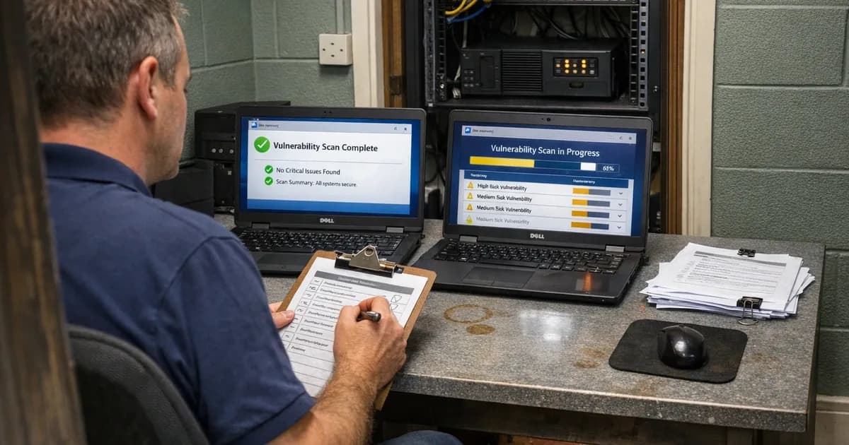IT assessor conducting Cyber Essentials Plus vulnerability scanning with two laptops showing scan results and assessment documentation