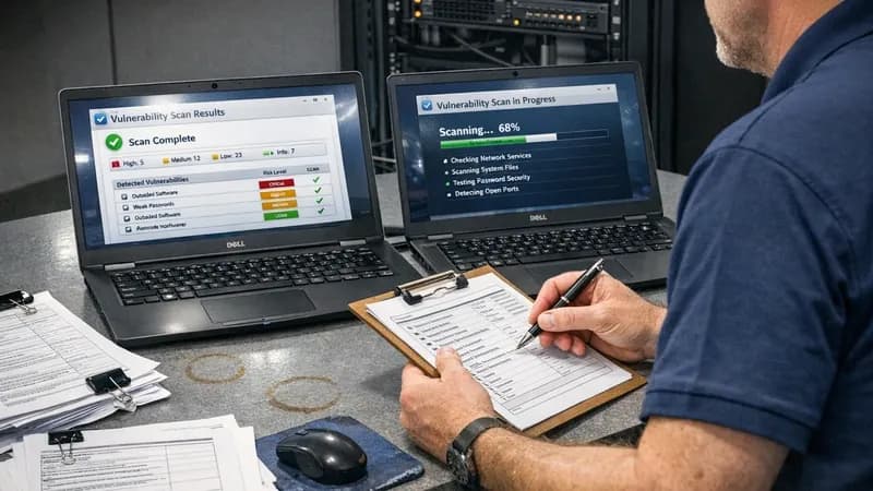 IT assessor conducting Cyber Essentials Plus vulnerability scanning with two laptops showing scan results and assessment documentation