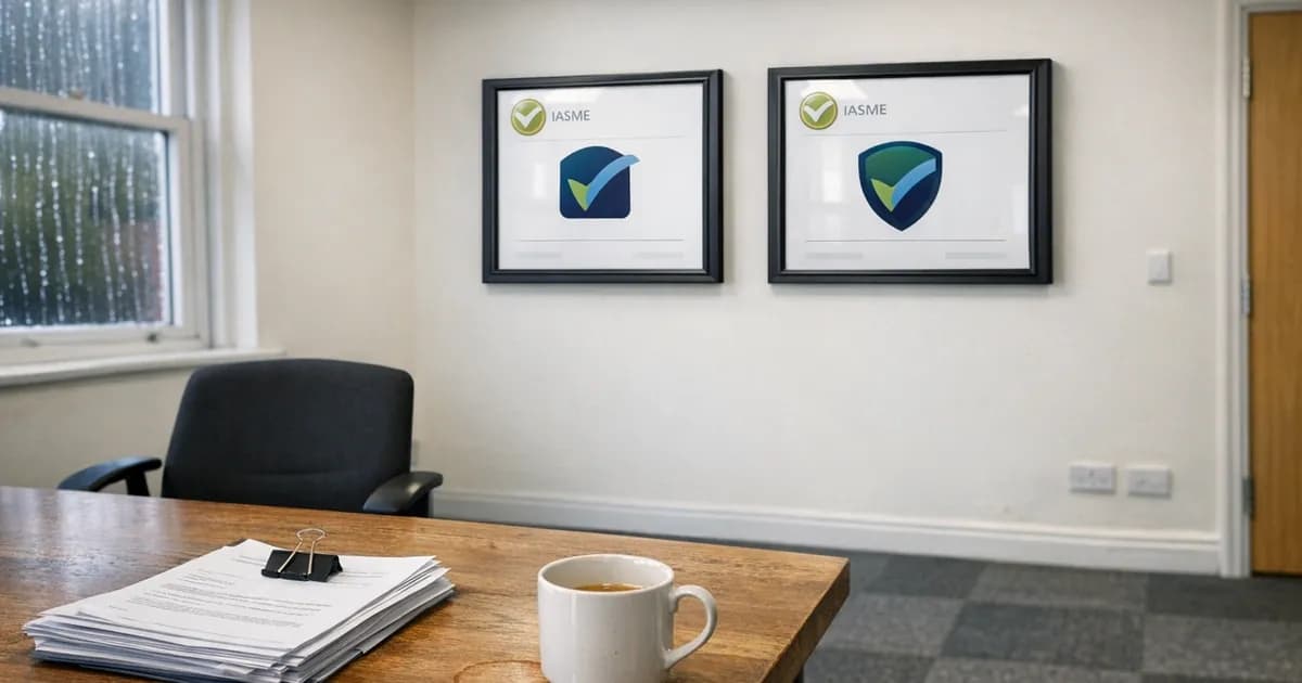 Two Cyber Essentials certificates mounted in frames on an office wall above a conference table with tender documents, illustrating the choice between basic and plus certification levels
