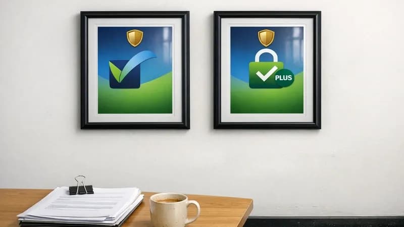 Two Cyber Essentials certificates mounted in frames on an office wall above a conference table with tender documents, illustrating the choice between basic and plus certification levels
