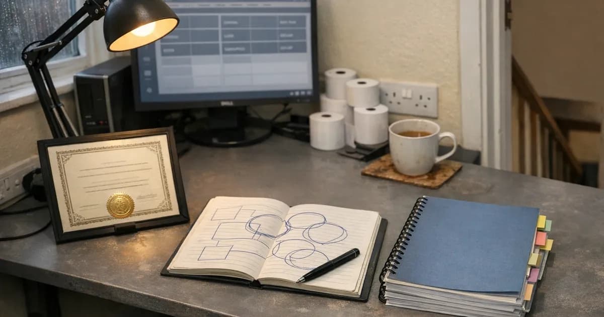 A side-by-side comparison view on a UK retail head-office desk: a Cyber Essentials Plus certificate next to a PCI DSS Self-Assessment Questionnaire (SAQ) cover sheet, with EPOS configuration printouts and a notepad showing the cardholder-data environment scope vs broader IT scope.
