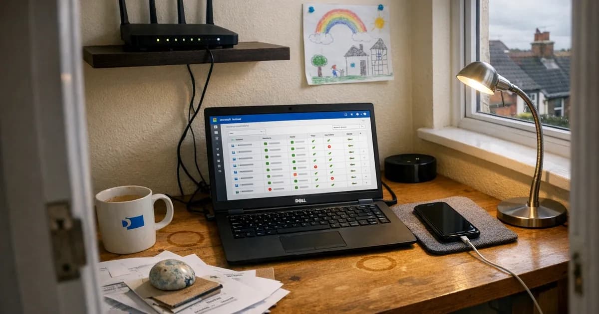Company laptop displaying device management console on home office desk with personal smartphone and Wi-Fi router, showing remote work IT compliance setup