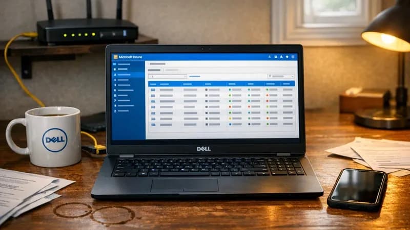 Company laptop displaying device management console on home office desk with personal smartphone and Wi-Fi router, showing remote work IT compliance setup