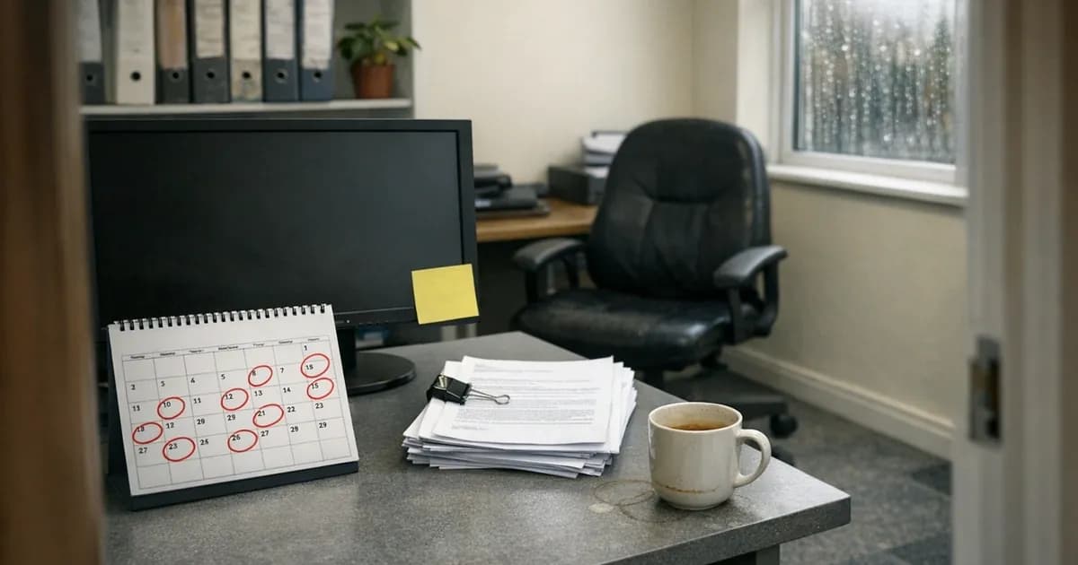 Office desk with desktop calendar showing circled dates, switched-off computer monitor, and administrative documents in a UK business setting