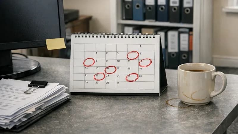 Office desk with desktop calendar showing circled dates, switched-off computer monitor, and administrative documents in a UK business setting
