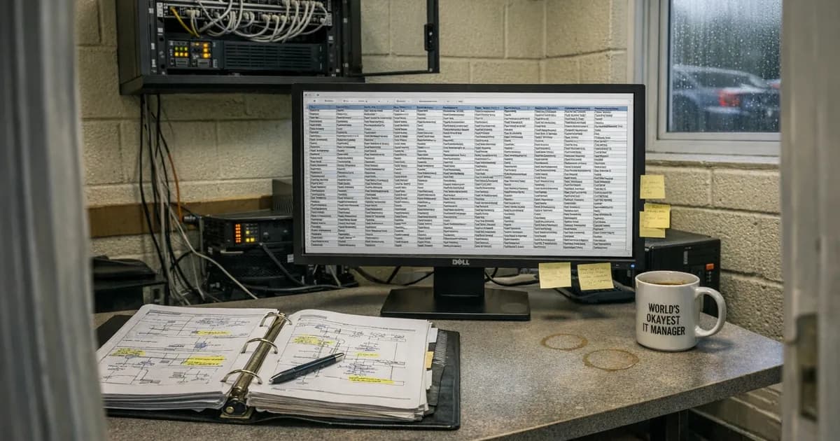 IT manager's desk showing computer monitor with cloud services audit spreadsheet next to opened folder with network diagrams