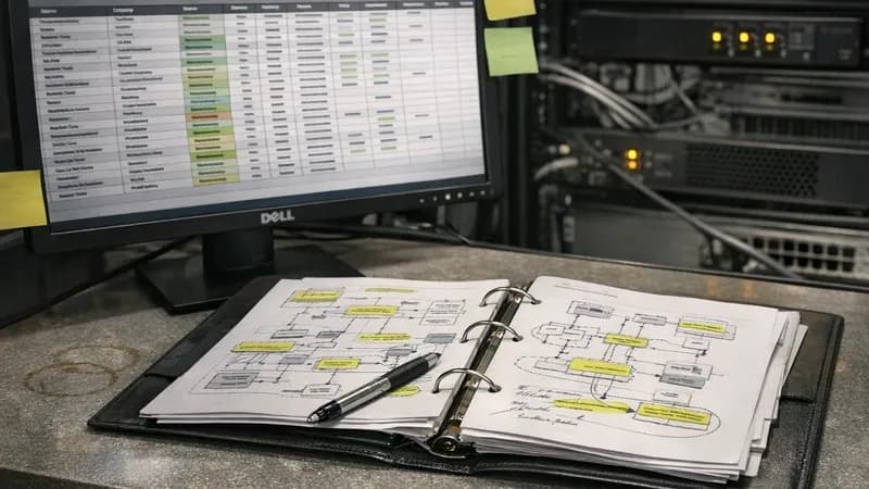 IT manager's desk showing computer monitor with cloud services audit spreadsheet next to opened folder with network diagrams