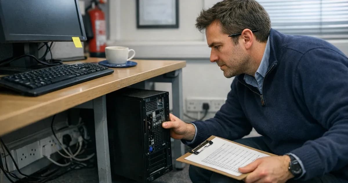 A Cyber Essentials assessor in a navy pullover crouched beside an office desk in a small UK office, examining a laptop tower with a printed checklist on a clipboard, a framed certificate visible on the wall behind him.