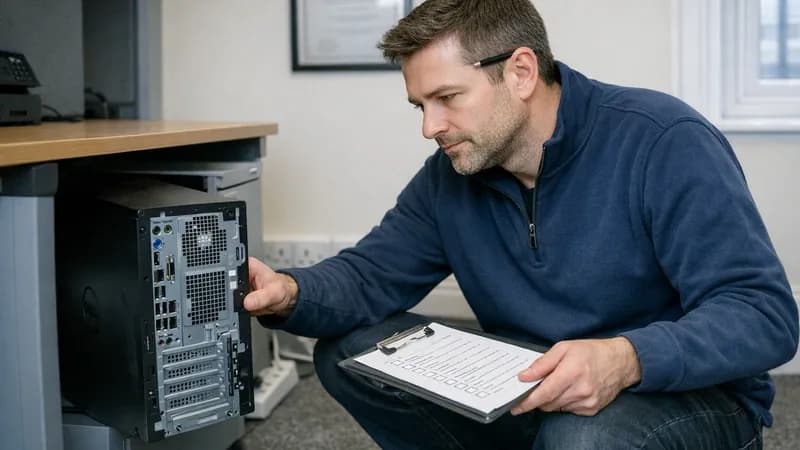 A Cyber Essentials assessor in a navy pullover crouched beside an office desk in a small UK office, examining a laptop tower with a printed checklist on a clipboard, a framed certificate visible on the wall behind him.