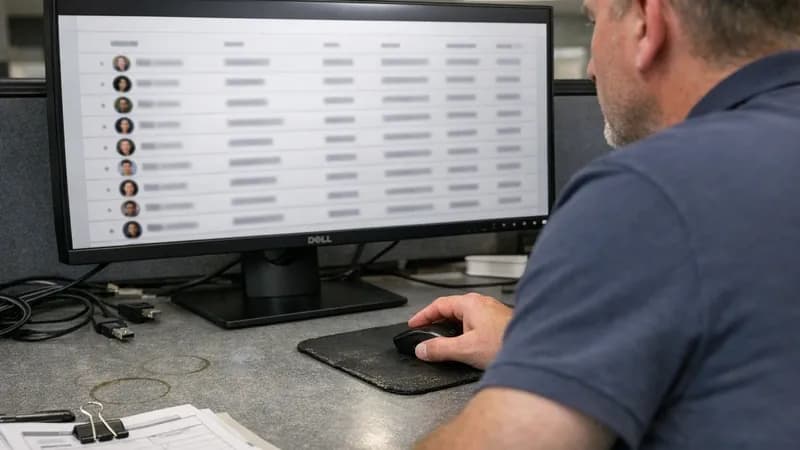 IT manager reviewing user accounts in Microsoft 365 Admin Center on computer monitor in UK business office