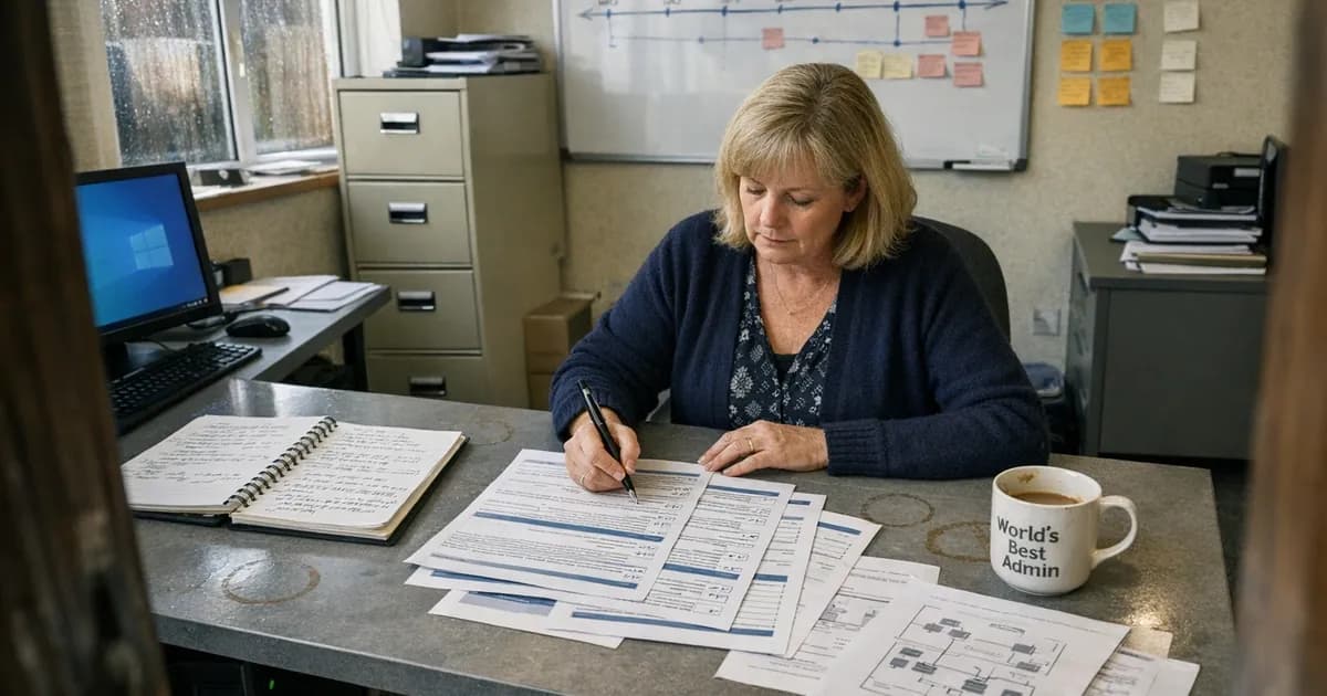 Office manager working through printed Cyber Essentials self-assessment questionnaire at desk with timeline whiteboard and preparation notes visible in background