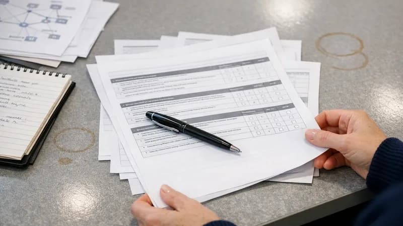 Office manager working through printed Cyber Essentials self-assessment questionnaire at desk with timeline whiteboard and preparation notes visible in background