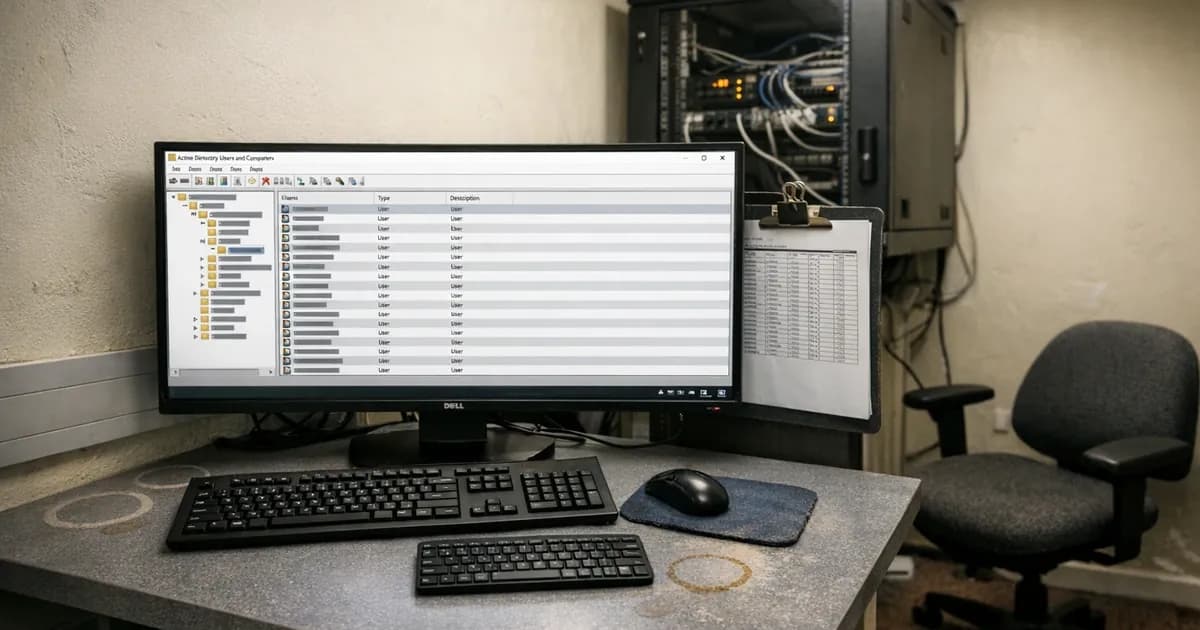 Monitor displaying Active Directory Users and Computers console with organizational unit tree structure and user account grid, two keyboards on desk representing admin account separation workflow