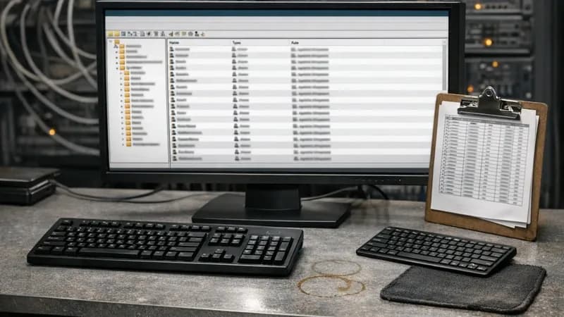 Monitor displaying Active Directory Users and Computers console with organizational unit tree structure and user account grid, two keyboards on desk representing admin account separation workflow